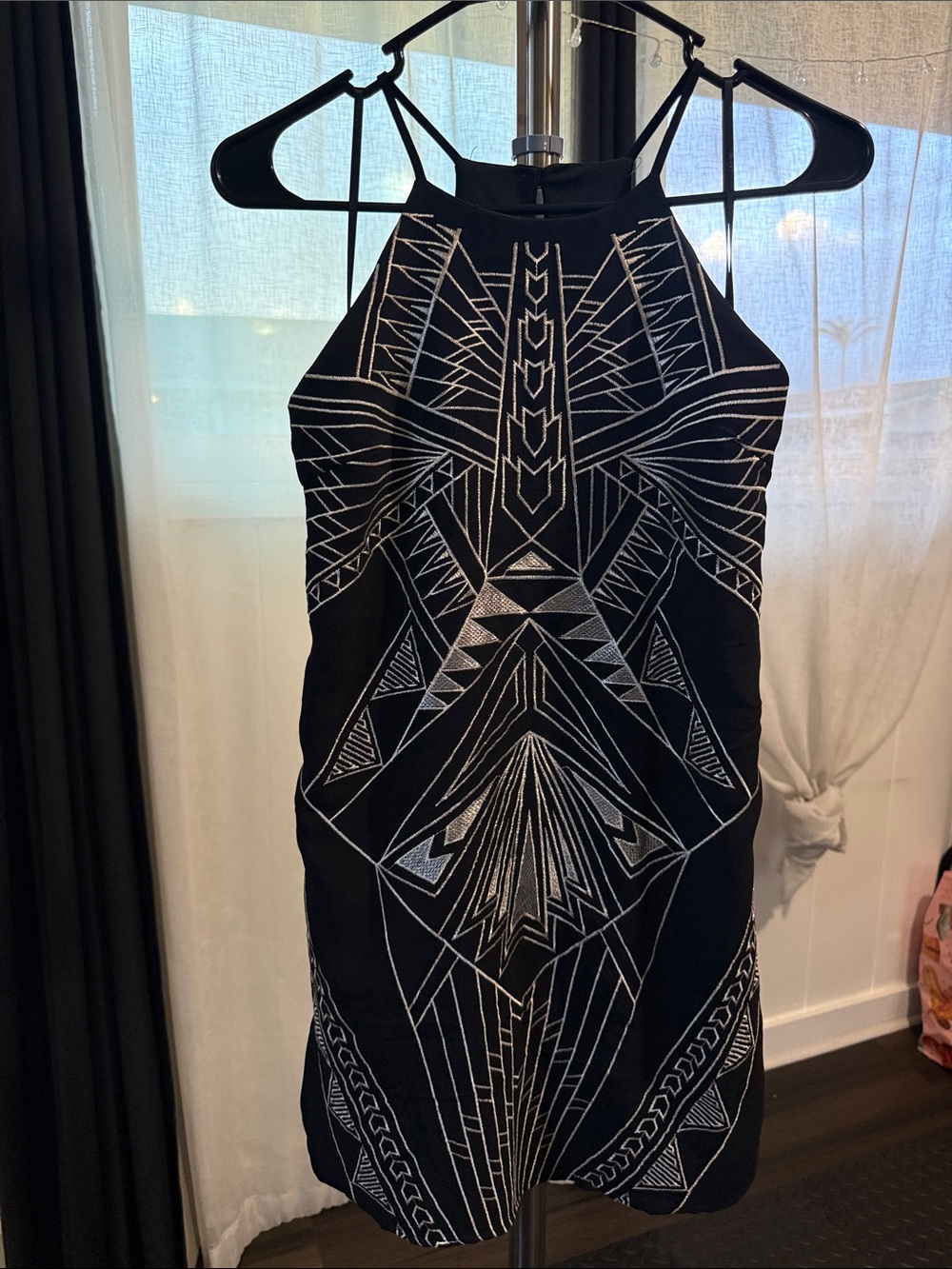 Forever 21 Black Halter Mini Dress with Silver Geometric Detailing